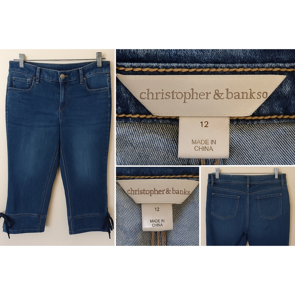 Christopher & Banks Size 12 Blue Denim Capri Jeans Tie Hem Casual Stretch Staple